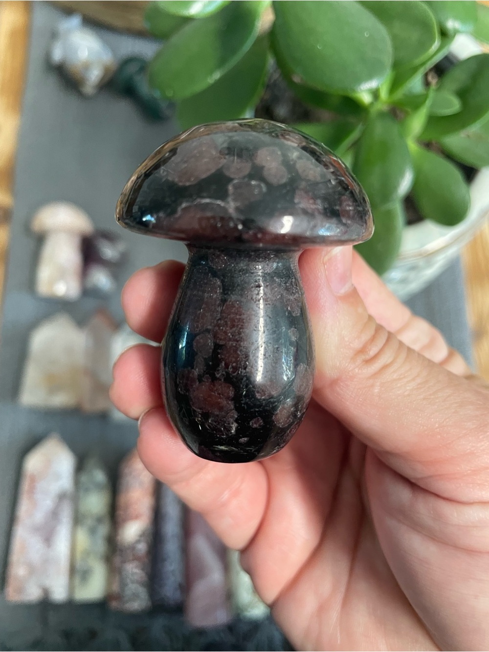 Polished Garnet in arfvedsonite crystal mushroom carving